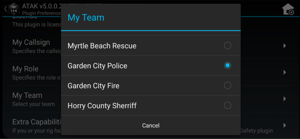 Screenshot showing the user definable teams in the Public Safety Plugin